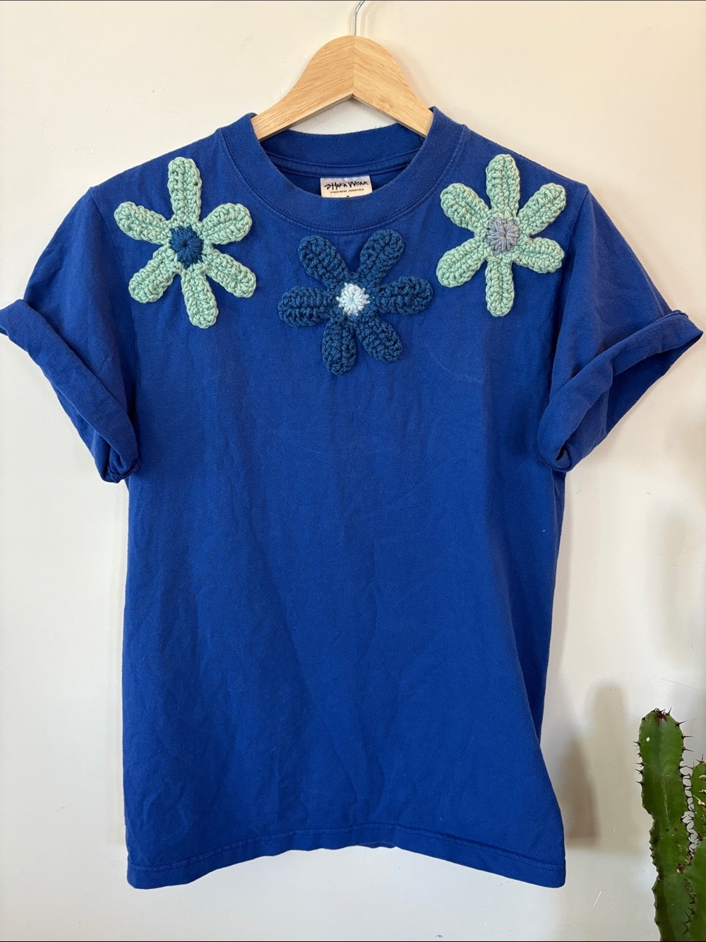 OOAK Blue T‑Shirt with Crochet Flowers